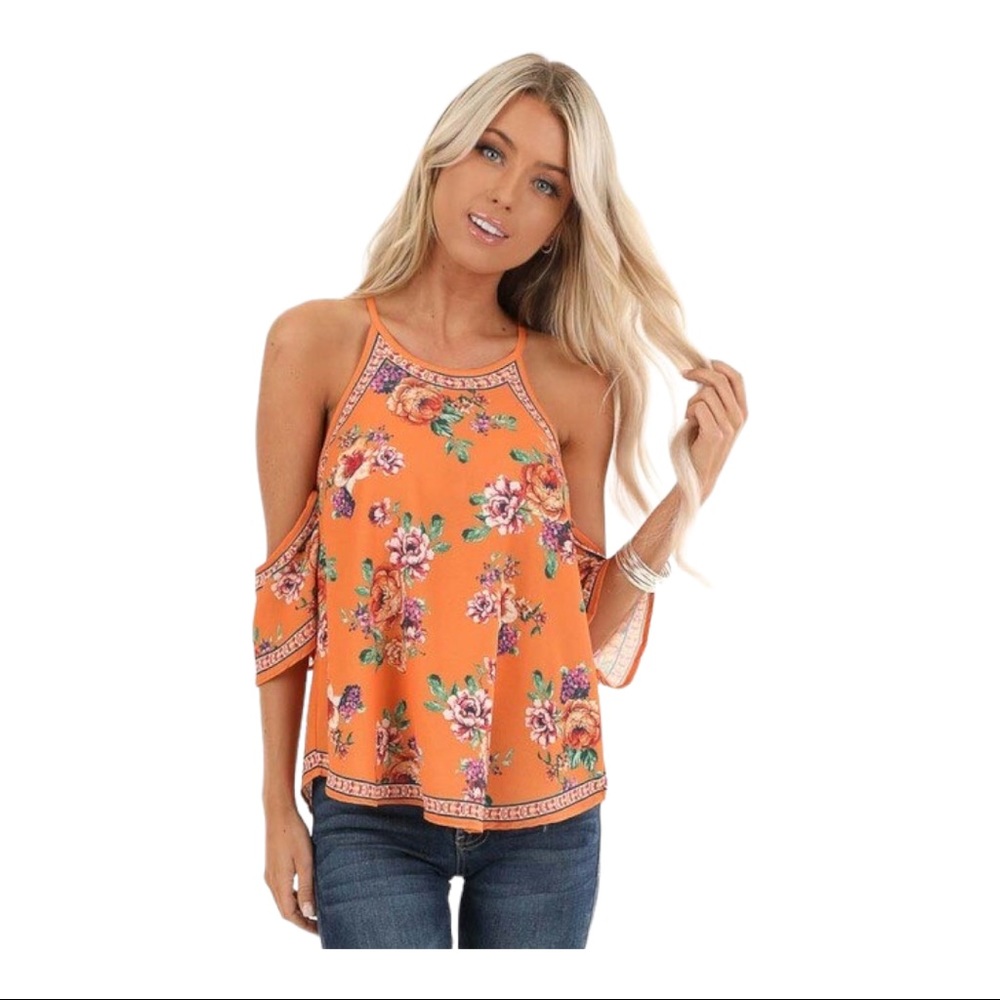 Orange floral short sleeve cold shoulder top